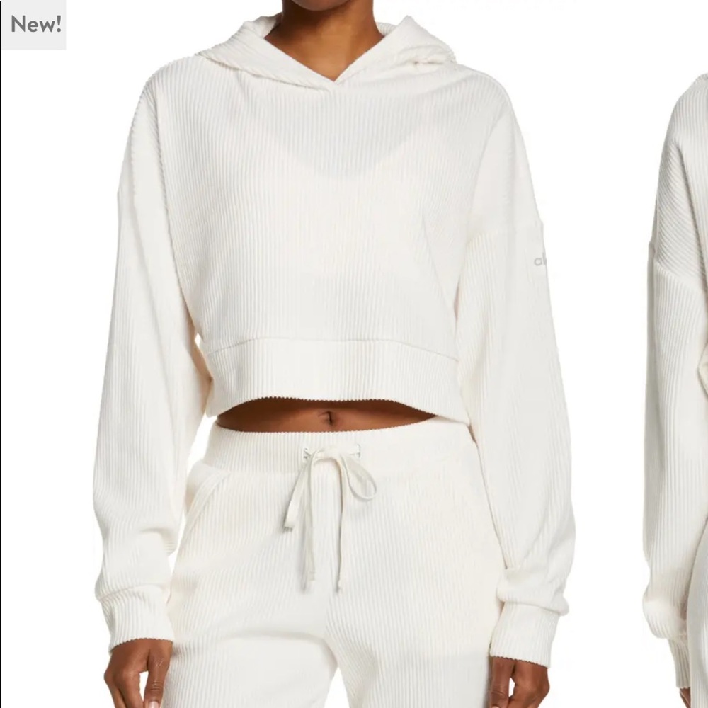 ALO Muse Ribbed Crop Hoodie, LARGE COLOR IVORY